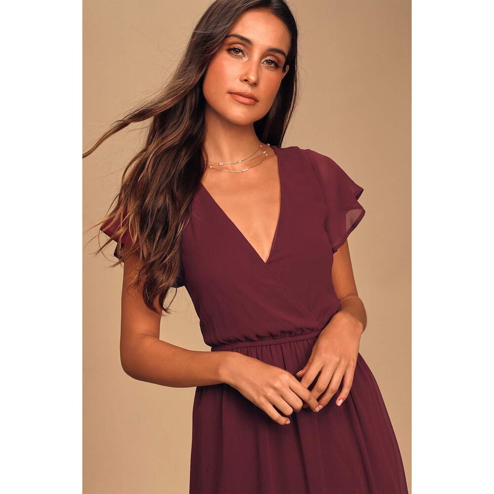 Lulu's Wine V-Neck Maxi Dress with Side Slit - Picture 3 of 11